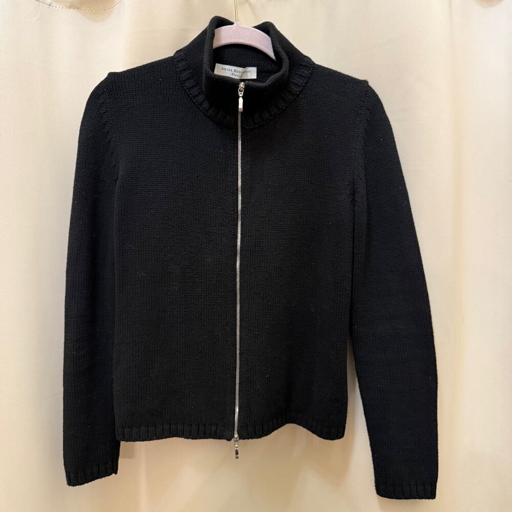Amina Rubinacci Italy Black Knit Zip Jacket Cardigan Quiet Luxury Minimalist 42
